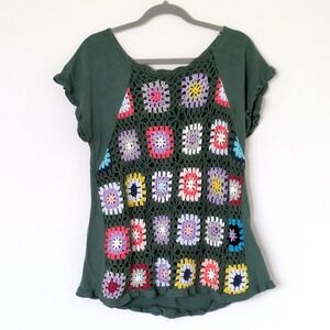 Umgee Crochet Top Granny Square‎ Boho Linen Blend in Green